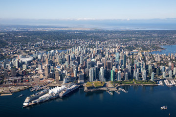 Canvas Print - Aerial view of Downtown City, Port and Harbour in Vancouver, British Columbia, Canada. Taken during a sunny summer morning.