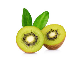 Wall Mural - Slices of Kiwi fruits and green leaf isolated on white background