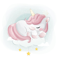 Wall Mural - Cute Unicorn Sleeping on Cloud