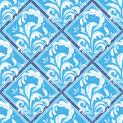 Canvas Print - Blue floral geometric vector seamless pattern.