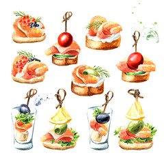 Appetizer for a festive table. Mini canape with  fresh salmon fillet set. Watercolor hand drawn illustration isolated on white background