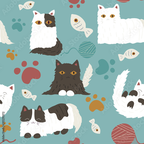 Cotton fabric Cute hand drawn cat seamless pattern