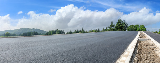 Country asphalt road and green woods nature landscape in summer