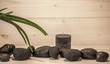 Schwarze Sauna Steine mit Ayurveda Pflanze und Kerze