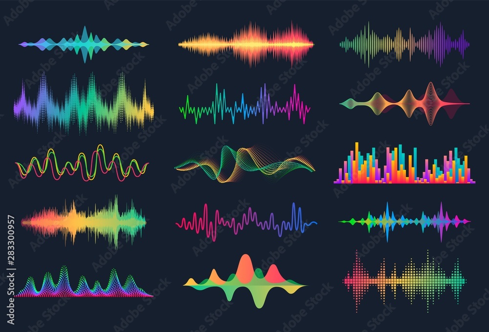 Sound waves. Frequency audio waveform, music wave HUD interface elements, voice graph signal. Vector audio electronic color wave set - obrazy, fototapety, plakaty 