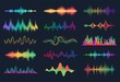 Sound waves. Frequency audio waveform, music wave HUD interface elements, voice graph signal. Vector audio electronic color wave set