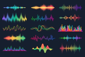 sound waves. frequency audio waveform, music wave hud interface elements, voice graph signal. vector