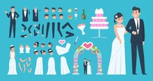 Groom And Bride Kit. Cartoon Wedding Characters Constructor, Bride And Groom Body Elements. Vector Wedding Celebration Happy Young Couple Set