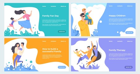 Aufkleber - Family website. Flat insurance planning web page template, happy cartoon characters with children on landing page. Vector illustrations banner healthy parents and kids set
