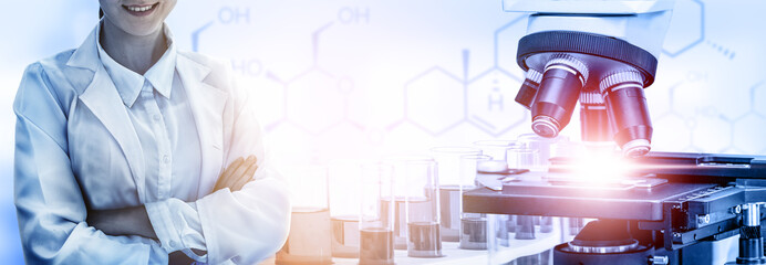 Poster - Research and development concept. Double exposure image of scientific and medical lab instrument, microscope, test tube and glass flask for microbiology and chemistry in laboratory for medicine study.