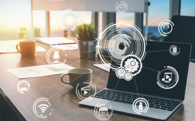 Multimedia and Computer Applications Concept. Business people using technology of digital gadget with modern graphic interface showing social, shopping, camera and multimedia application on device.