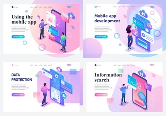 Poster - set isometric landing pages, a concept with young teenagers information search and protection, mobil