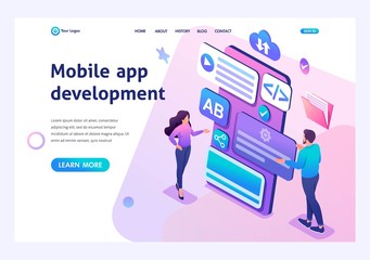 Poster - Isometric concept Young girl and boy develop mobile application for smartphone. Template landing page for website