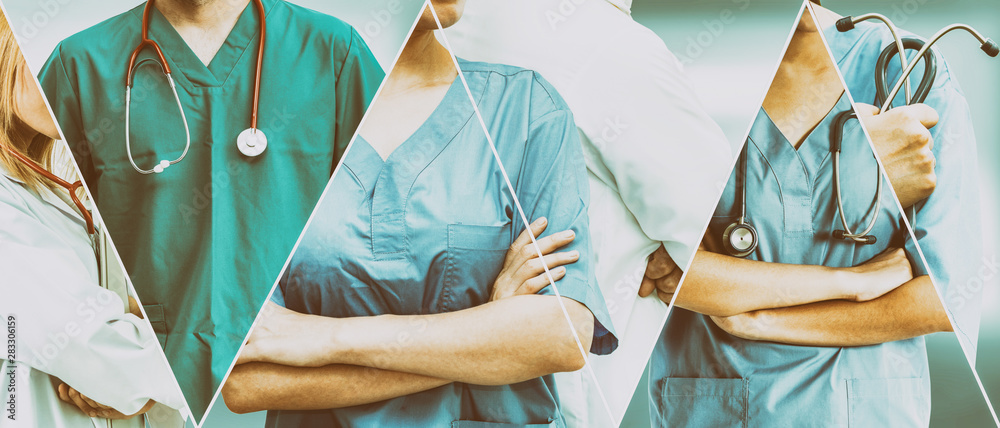 Healthcare people group. Professional doctor working in hospital office or clinic with other doctors, nurse and surgeon. Medical technology research institute and doctor staff service concept. - obrazy, fototapety, plakaty 