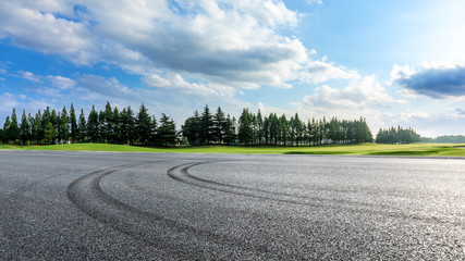 Asphalt race track and green woods nature landscape in summer