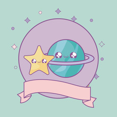 Canvas Print - planet saturn and star in frame circular with ribbon kawaii style