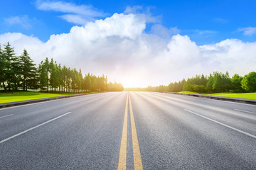 Country asphalt road and green woods nature landscape in summer