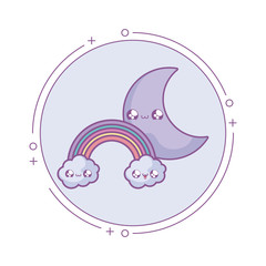 Poster - cute moon with rainbow in frame circular kawaii style