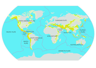   illustration on the theme of geography and cartography with a map of tectonic plates.