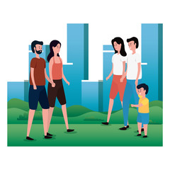 Wall Mural - group of parents with little son on the park characters