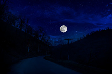 Wall Mural - mountain road through the forest on a full moon night. scenic night landscape of country road at nig
