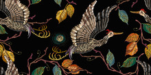 Japanese Crane Bird And Autumn Leaves Seamelss Pattern. Ancient Embroidery Fashion Art, Template For Design Of Clothes