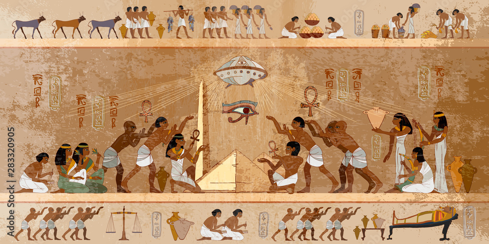 Ancient Egypt. Paleocontact frescoes. Aliens and egyptians. First contact. Spaceship UFO over pyramids. Ancient astronauts visited Earth, old stone murals Stock Vector | Adobe Stock
