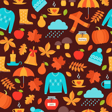 Autumn Pattern. Vector. Seamless Background With Autumn Elements Fall Leaves, Umbrella, Pumpkin, Rain, Sweater Hat. Seasonal Print On Brown Backdrop. Cute Texture. Colorful Illustration In Flat Design