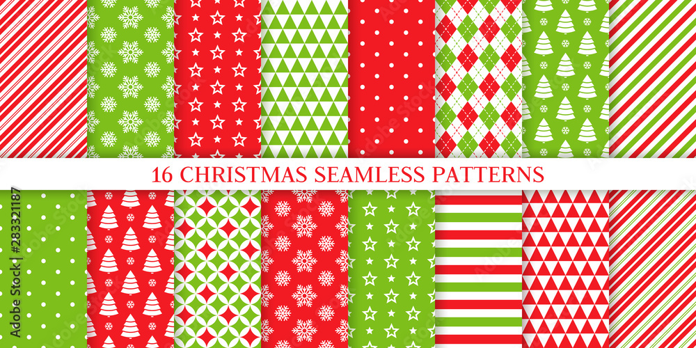 Christmas seamless pattern. Xmas, New year background. Vector. Endless texture with polka dot, candy cane stripe, snow, tree, star. Holiday print for wrapping paper web textile. Red green illustration - obrazy, fototapety, plakaty 