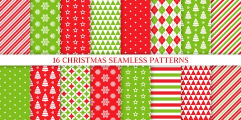 Christmas seamless pattern. Xmas, New year background. Vector. Endless texture with polka dot, candy cane stripe, snow, tree, star. Holiday print for wrapping paper web textile. Red green illustration