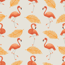 Seamless Pattern Of Orange Flamingos And Leaves