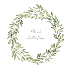  Watercolor illustrations. Botanical clipart. Wreath of green leaves and branches. Floral Design elements. Greenery frame. Perfect for wedding invitations, greeting cards, blogs, posters and more