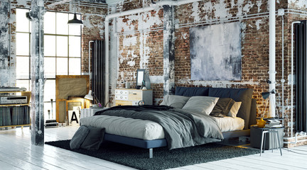 Wall Mural - Old vintage industrial bed in loft apartment with brick walls