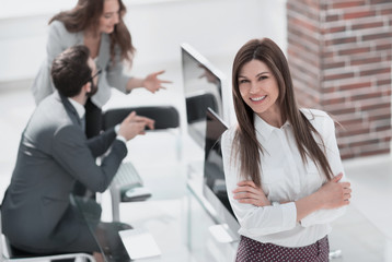 Sticker - successful business woman on the background of the workplace