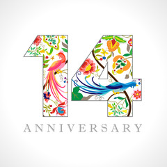 Wall Mural - 14 years old logotype. 14 th anniversary numbers. Decorative symbol. Age congrats with peacock birds. Isolated abstract graphic design template. Royal coloured digits. Up to 14% percent off discount.