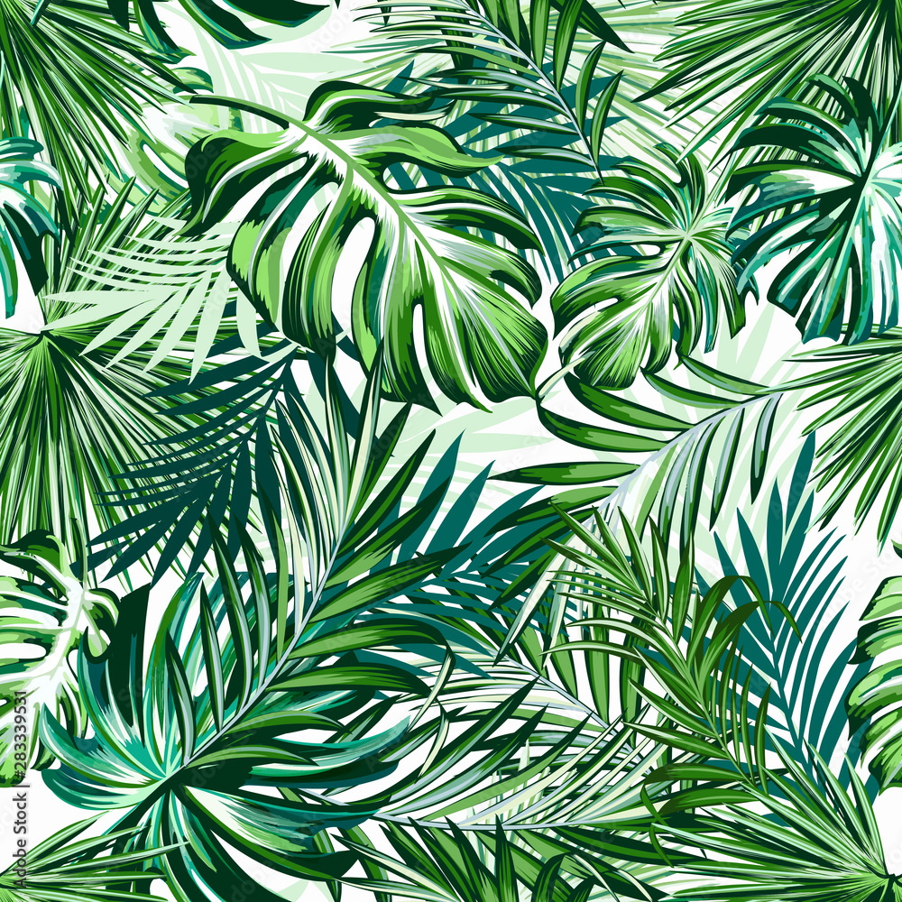 Beautiful tropical pattern with green palm leaves for design ideal for fabric design - obrazy, fototapety, plakaty 