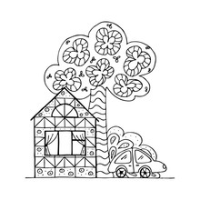 House And Tree. Doodle Coloring Page. Vector Illustration.