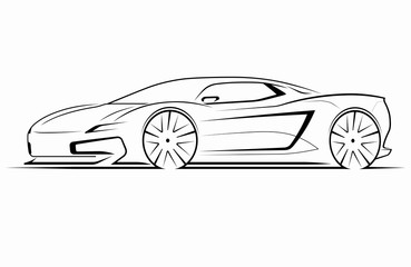 Poster - Hand drawn modern sports car silhouette. Perspective view of supercar. Can be used as a part of an emblem, label, icon, logo. Vector illustration