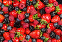 Colorful Tasty Mix Of Wild Forest Berry Fruits. Strawberry Blueberry Raspberry And Blackberry. Healthy Eating Nutrition Vegan Food Concept Background