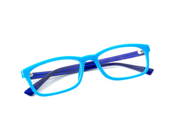 Blue frame children's glasses.  Isolated