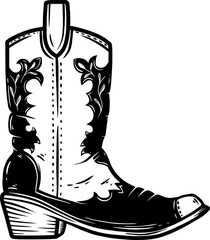 Hand drawn illustration of cowboy boot isolated on white background. Design element for poster, card, banner, t shirt, emblem, sign.