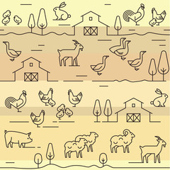 Seamless vector pattern of farm animals, buildings, equipment and other elements