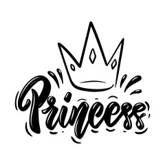 Princess. Lettering phrase with crown on white background. Design element for poster, banner, t shirt, emblem. Vector illustration