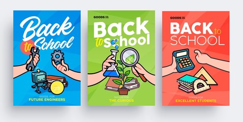 set of back to school greeting cards, posters or flyers. сhildren's hands holding school supplies. t
