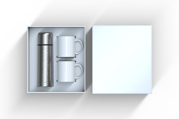 Blank stainless steel flask with two coffee mug in a box for branding. 3d render illustration.