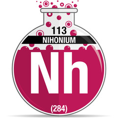 Poster - Nihonium symbol on chemical round flask. Element number 113 of the Periodic Table of the Elements - Chemistry. Vector image