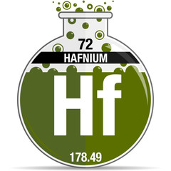 Canvas Print - Hafnium symbol on chemical round flask. Element number 72 of the Periodic Table of the Elements - Chemistry. Vector image