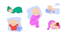 Children Lying On Pillow Under Blanket. Set With Cute Little Baby Sleeping. Boy With Teddy Bear In Bed. Girl Sleep On Stomach. Different Sleeping Positions. Sketch Style. Vector Illustrations.