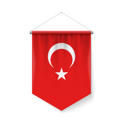 Vertical Pennant Flag of Turkey as Icon on White with Shadow Effects. Patriotic Sign in Official Color and Flower Turkish Flag with Metallic Poles Hanging on the Rope