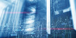 © Funtap - Schematic electronic draft server room information communication technology background. Template design copy space